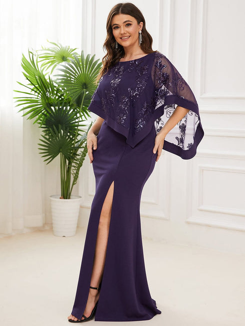 Sophisticated Lace Sequin Mother Dress with Floor-Length Cape