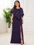 Sophisticated Lace Sequin Mother Dress with Floor-Length Cape