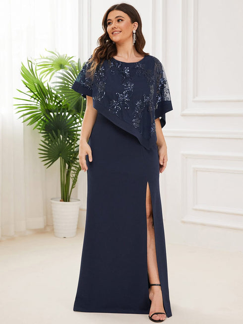 Sophisticated Lace Sequin Mother Dress with Floor-Length Cape