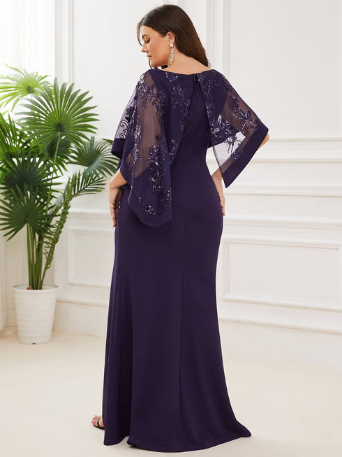 Sophisticated Lace Sequin Mother Dress with Floor-Length Cape