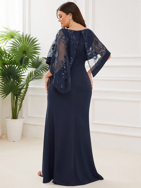 Sophisticated Lace Sequin Mother Dress with Floor-Length Cape