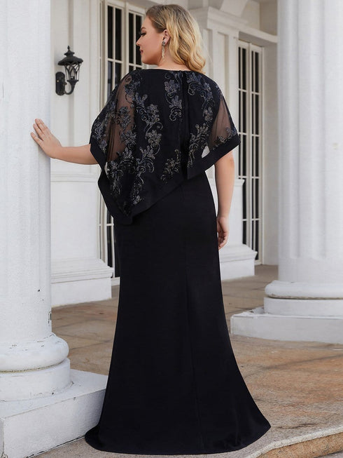 Sophisticated Lace Sequin Mother Dress with Floor-Length Cape