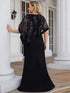 Sophisticated Lace Sequin Mother Dress with Floor-Length Cape