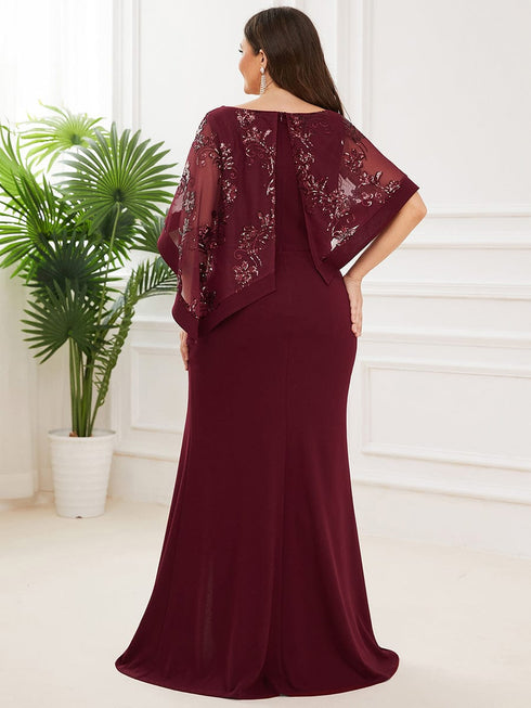Sophisticated Lace Sequin Mother Dress with Floor-Length Cape