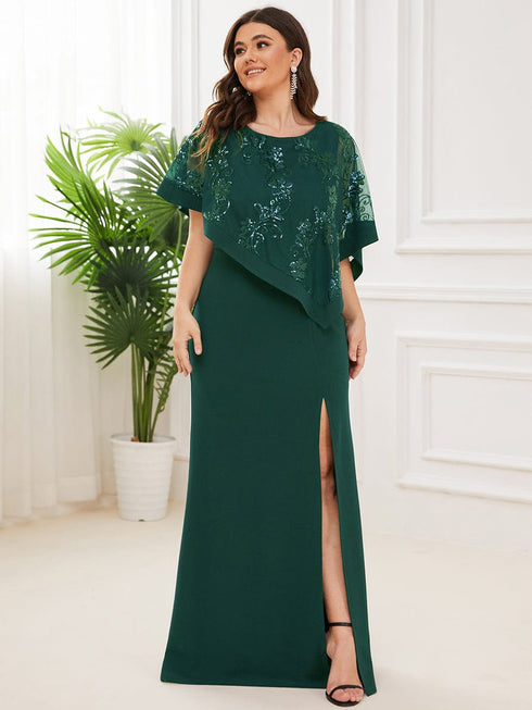Sophisticated Lace Sequin Mother Dress with Floor-Length Cape