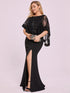 Sophisticated Lace Sequin Mother Dress with Floor-Length Cape