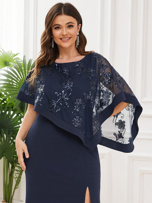 Sophisticated Lace Sequin Mother Dress with Floor-Length Cape