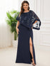 Sophisticated Lace Sequin Mother Dress with Floor-Length Cape