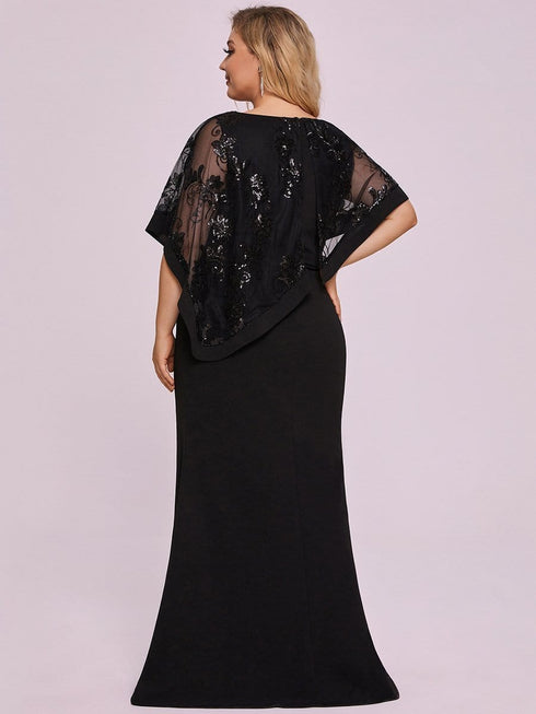 Sophisticated Lace Sequin Mother Dress with Floor-Length Cape