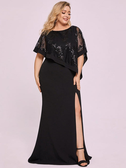Sophisticated Lace Sequin Mother Dress with Floor-Length Cape