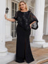Sophisticated Lace Sequin Mother Dress with Floor-Length Cape