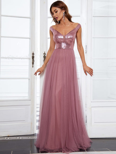 Sophisticated Off-Shoulder Sequin Evening Gown
