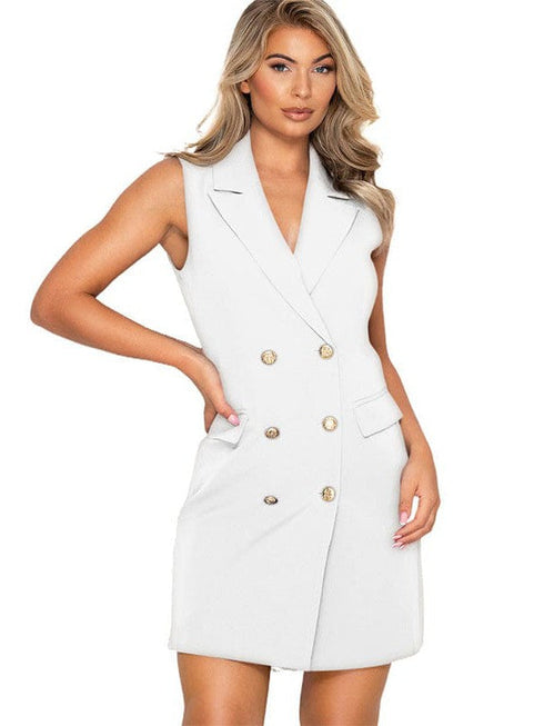 Sophisticated Sleeveless Double-Breasted Women's Suit Skirt with V-Neck