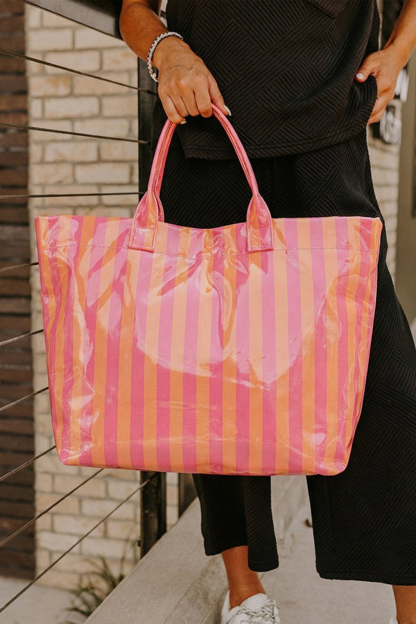 Women's Spacious Glossy Rose Red Striped Tote Bag for Women - Stylish Everyday Accessory with Versatile Functionality