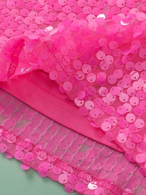 Sparkling Bright Pink Sequin Round Neck Top with Half Sleeves