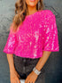 Sparkling Bright Pink Sequin Round Neck Top with Half Sleeves