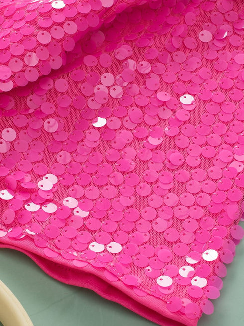 Sparkling Bright Pink Sequin Round Neck Top with Half Sleeves