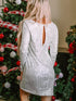Sparkling Silver Sequin Long Sleeve Mini Dress with Velvet Sash