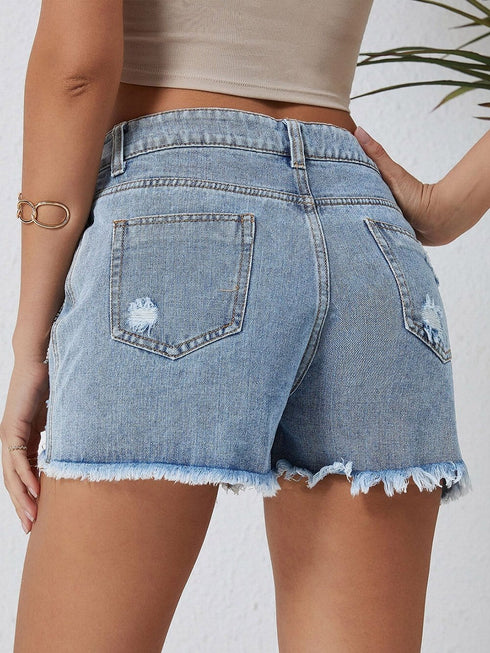 Sparkling Sky Blue Rhinestone Tassel Denim Shorts