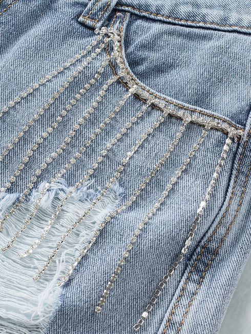 Sparkling Sky Blue Rhinestone Tassel Denim Shorts