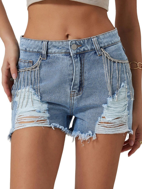 Sparkling Sky Blue Rhinestone Tassel Denim Shorts