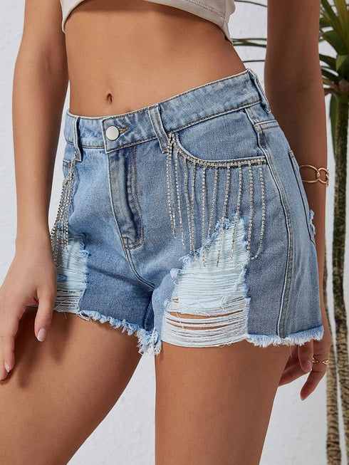 Sparkling Sky Blue Rhinestone Tassel Denim Shorts