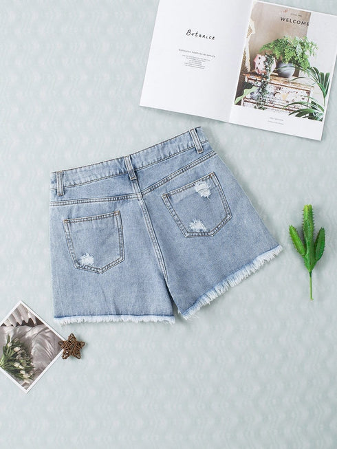 Sparkling Sky Blue Rhinestone Tassel Denim Shorts