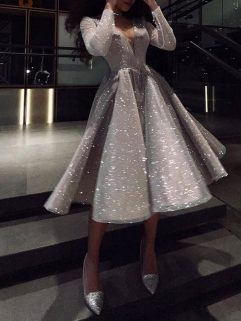 Sparkling V-Neck Long Sleeve Dress