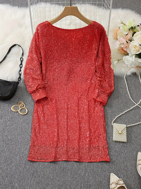 Sparkling V Neck Sequin Long Sleeve Party Mini Dress