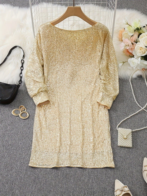 Sparkling V Neck Sequin Long Sleeve Party Mini Dress