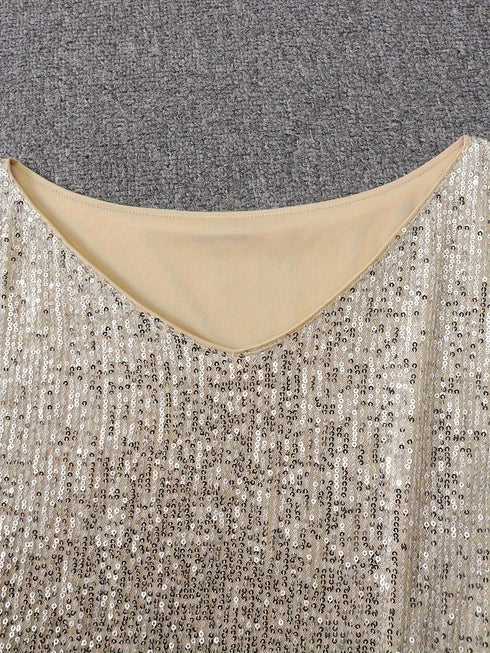 Sparkling V Neck Sequin Long Sleeve Party Mini Dress