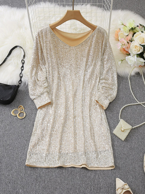 Sparkling V Neck Sequin Long Sleeve Party Mini Dress