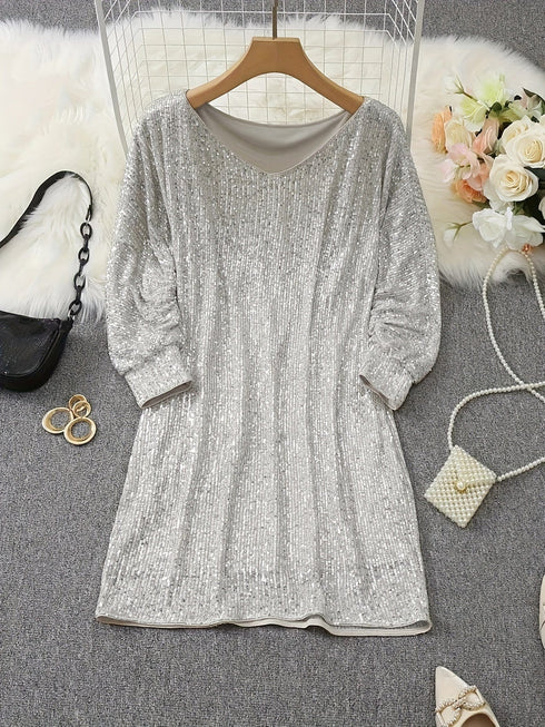 Sparkling V Neck Sequin Long Sleeve Party Mini Dress