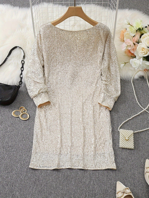 Sparkling V Neck Sequin Long Sleeve Party Mini Dress
