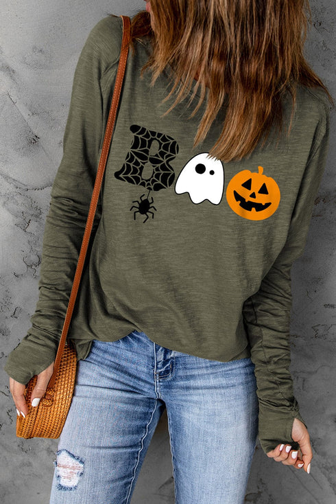 Spooky Halloween BOO Graphic Print Green Long Sleeve Tee