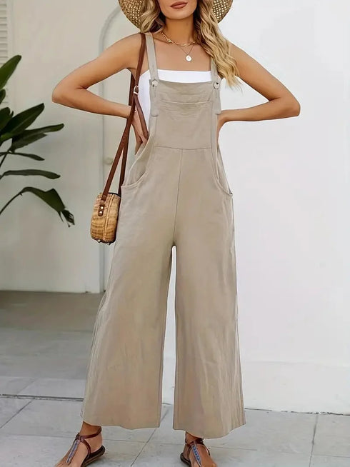 Spring and Summer Women's Casual Slant Pocket Jumpsuit with Buttons