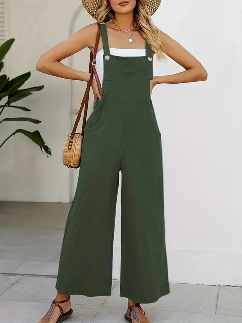 Spring and Summer Women's Casual Slant Pocket Jumpsuit with Buttons
