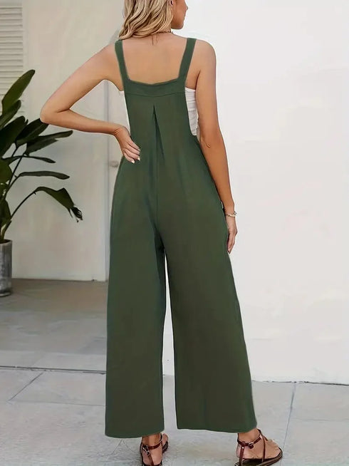 Spring and Summer Women's Casual Slant Pocket Jumpsuit with Buttons