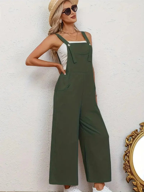 Spring and Summer Women's Casual Slant Pocket Jumpsuit with Buttons
