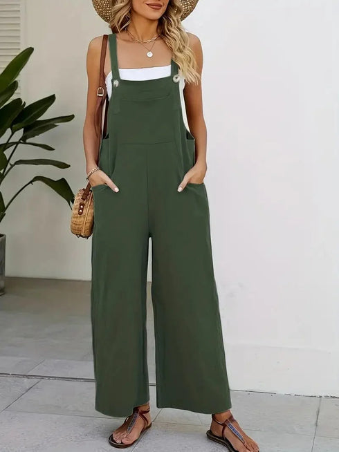 Spring and Summer Women's Casual Slant Pocket Jumpsuit with Buttons