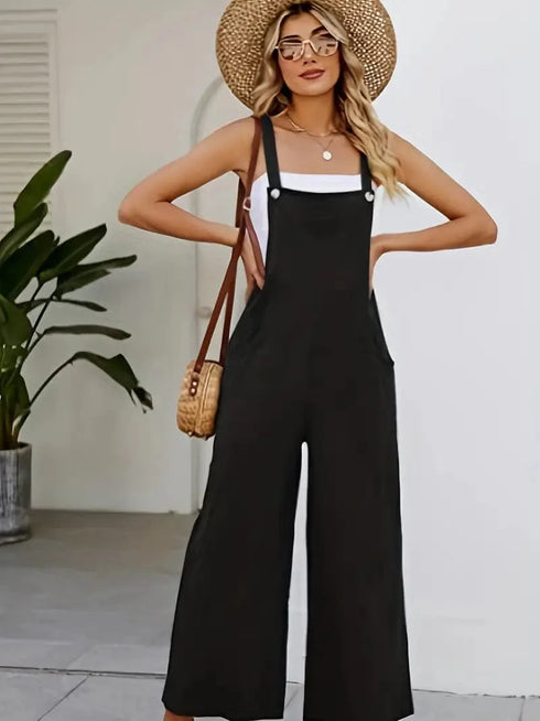 Spring and Summer Women's Casual Slant Pocket Jumpsuit with Buttons