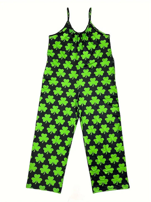 St. Patty's Day Shamrock Print Sleeveless Jumpsuit: Women's Summer Fashion