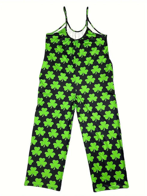 St. Patty's Day Shamrock Print Sleeveless Jumpsuit: Women's Summer Fashion