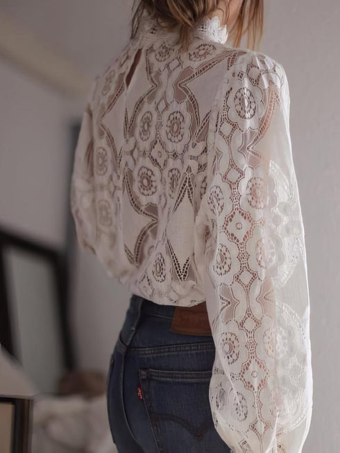 Stand Collar Hollow Lace Long Sleeve Blouse