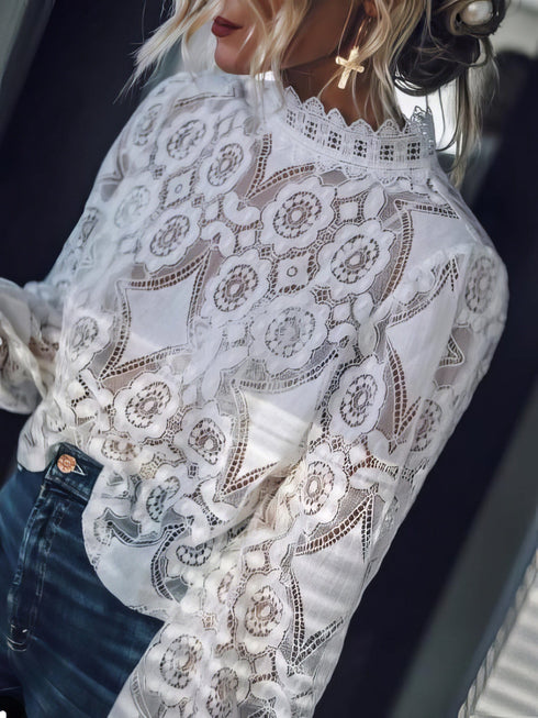 Stand Collar Hollow Lace Long Sleeve Blouse