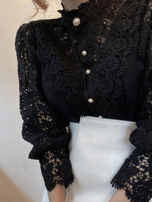 Stand Collar Hollow Lace Pearl Button Blouses