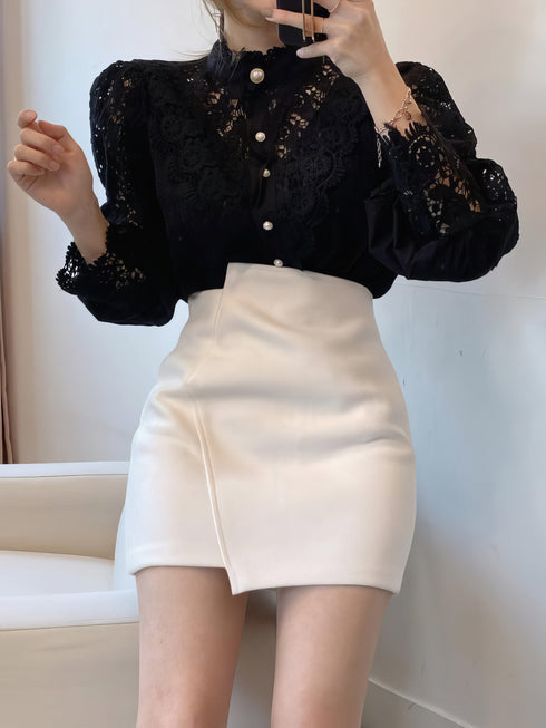 Stand Collar Hollow Lace Pearl Button Blouses