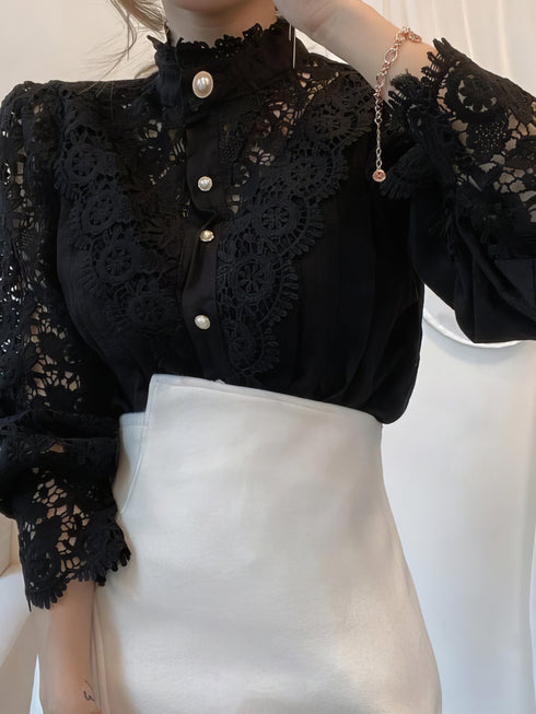 Stand Collar Hollow Lace Pearl Button Blouses