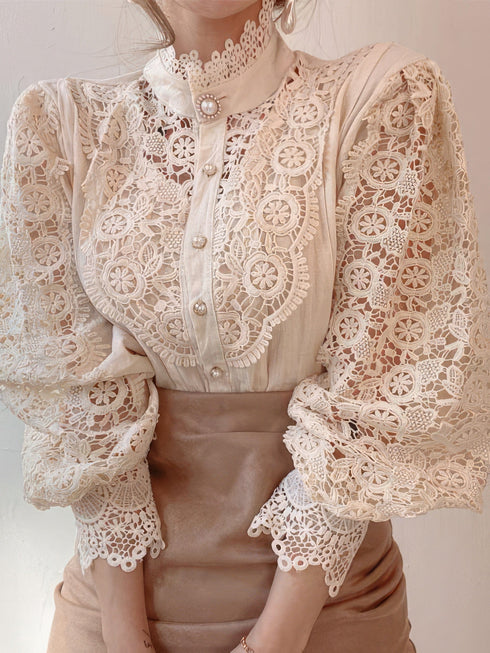 Stand Collar Hollow Lace Pearl Button Blouses