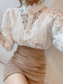 Stand Collar Hollow Lace Pearl Button Blouses